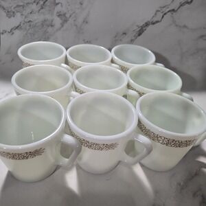 Vintage Pyrex 1410 Woodland‎ Milk Glass Coffee Tea Mugs 10 oz Floral Brown USA